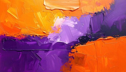 Textured oil paint strokes create a dynamic and colorful abstract composition, showcasing vibrant orange, yellow, and purple hues with visible brushwork, offering a tactile and expressive visual...