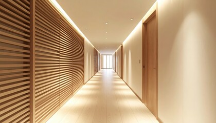 Interior view showcases a long, well-lit corridor in a contemporary building, featuring wooden paneling on one side and multiple wooden doors.