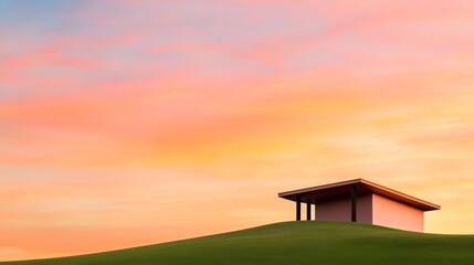 Minimalist House on Hill at Sunset with Pastel Sky, architecture , landscape