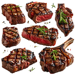 Close-up of various cooked steak cuts, showing grill marks, herbs, and juices