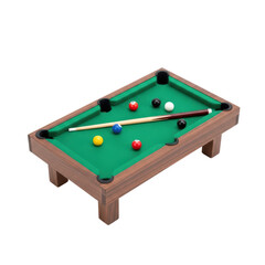 Miniature billiards table with cue and balls on green felt surface
