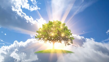 Vibrant image showcases a flourishing green tree with luminous highlights growing on a small patch of grass, surrounded by puffy white clouds and set against a backdrop of a bright, radiant blue sky.