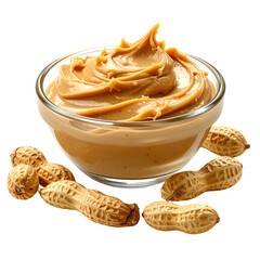 Smooth peanut butter in a glass bowl, surrounded by unshelled peanuts on a black background