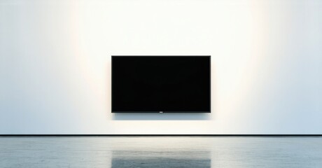 Fototapeta premium Minimalist interior features blank television mounted on white wall. Clean floor reflects light, creating simple aesthetic.