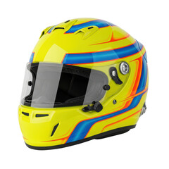 Fototapeta premium Vibrant yellow helmet with blue and orange stripes on transparent background