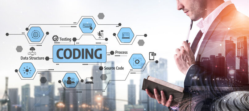 A professional man reflects on coding while surrounded by city skyscrapers. The image illustrates software development elements, enhancing creativity and innovation. Tessel