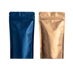 Two shiny pouches, one dark blue and one gold, stand side by side against a black background