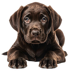 A young, brown, Labrador-like puppy with sad eyes lays down, looking directly at the viewer