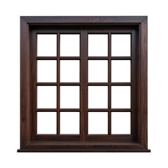 A square, dark wooden window frame with multiple panes, centered on a black background