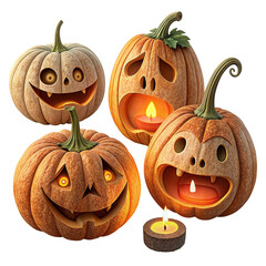 Four carved halloween pumpkins with glowing candles inside and one small candle in front isolated on transparent background