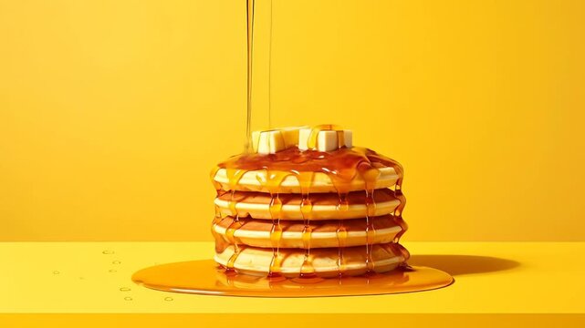 Stack of pancakes with syrup and butter on a yellow background