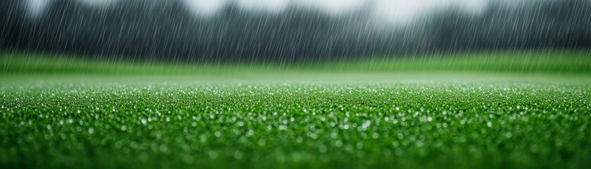 Naklejka premium Rainy Green Field Water Droplets on Grass Blades, weather , nature