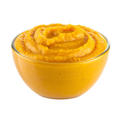 Smooth, vibrant orange puree, in a clear glass bowl, isolated on a stark black background