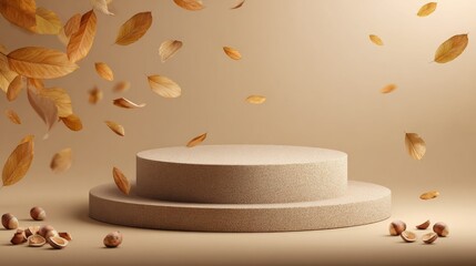 Nature's serenade: a podium highlighted by autumn's charm. Copy space. Vibrant visuals: autumn theme podium enriched with natureâ€™s touch. Print ready. Bright colors.