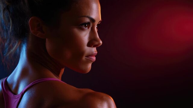 A woman with a strong, athletic build and focused expression looking to the side.