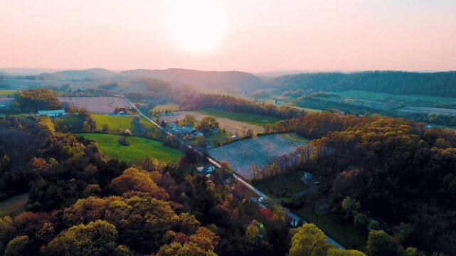 Aerial landscape of corn fields farmland mountains sunset rural Appalachia Central Pennsylvania