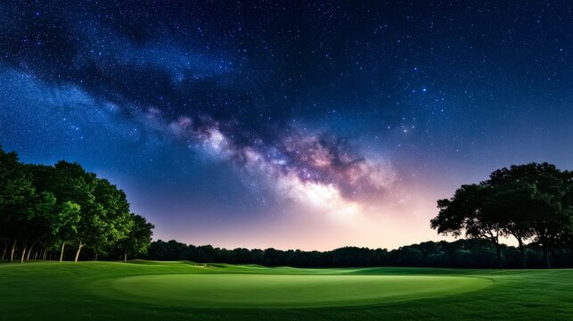 Starlit Fairway Milky Way Over Green Golf Course, Nightscape , Landscape