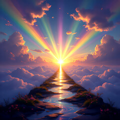 Heavenly sunrise over clouds with rainbow light rays and glowing pathway — surreal fantasy landscape symbolizing hope, peace, and spiritual awakening in dreamlike atmosphere