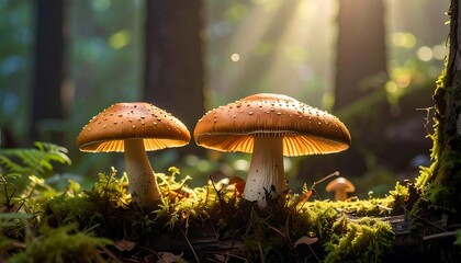 Fototapeta premium Two mushrooms in a sunlit forest