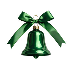 Glossy green bell ornament with a matching ribbon, set against a stark black background