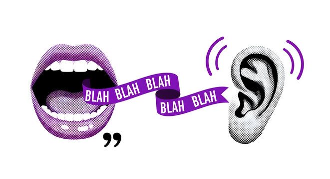 Open mouth and ear with blah blah text on ribbon in a conceptual illustration about communication and listening on a white background