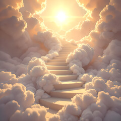 Golden stairway ascending through clouds toward radiant sunlight — surreal spiritual concept symbolizing heaven, ascension, peace, hope, and divine light in a dreamlike celestial sky