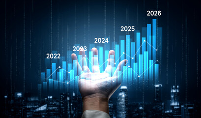 Business bar chart and line graph showing yearly business growth from 2022 to new year 2026, represent data analytics, future 2026 planning, business 2026 trend, and performance analysis 2026 Vouch