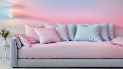 Modern Pastel Living Room with Soft Sofa and Pillows