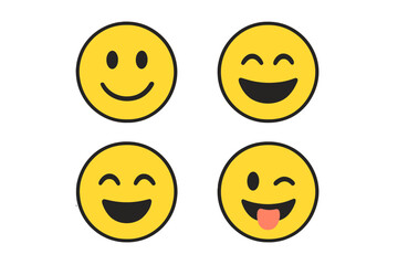 Fototapeta premium Smile happy funny face emoticon icon vector illustration set. Yellow emoji collection. Laughing, winking, tongue out facial expressions. Cute cartoon character emotions.