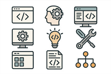Vector icons set for programming and software development. Includes concepts like coding, web design, creative ideas, development tools, settings, UI elements, and process workflow.