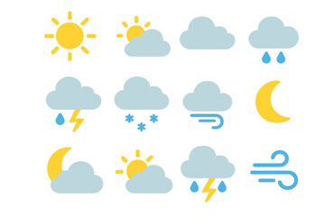 Weather icon set vector illustration. Flat climate symbols for meteorology forecast. Collection includes sun, cloud, rain, snow, wind, storm, thunder, moon. UI, UX element.