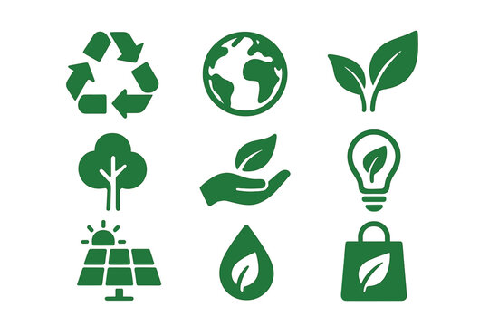 Ecology and environment icon set. Green energy, recycling, and sustainability symbols. Vector collection for eco-friendly concepts like solar power, clean water, and nature care.