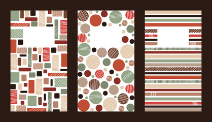Set mit drei Vektorgrafiken mit bunten geometrischen Formen auf weißem Hintergrund. Freier Platz für Text. Vorlage für Einladungen, Grußkarten, Social Media Posts, Flyer, Poster, Cover und Werbung.