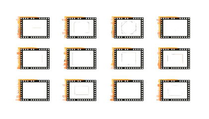 Super 8 film frame vector set. Old retro 8mm movie filmstrip with sprocket holes and light leak. Vintage cinema photography negative placeholder template for photo or video.