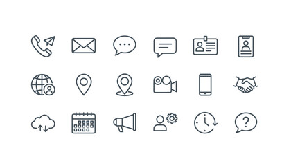 Contact us vector line icon mega set. Communication elements. Phone, email, chat, location, user profile, and support symbols. Thin outline icons for web and mobile UI.