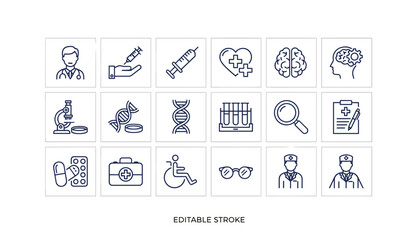 Medical line icon set. Healthcare, medicine, and science symbols. Doctor, hospital, clinic, research, lab vector icons. Syringe, DNA, brain, microscope. Editable stroke.