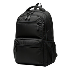 Naklejka premium Sleek black backpack with multiple pockets and zippers on transparent background