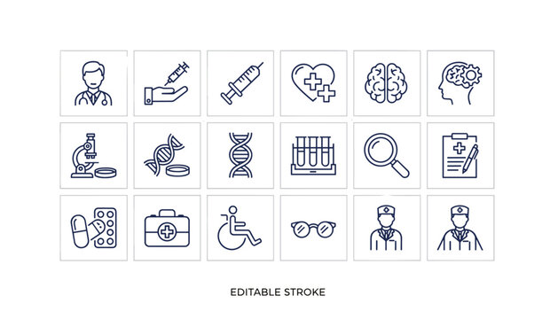 Medical line icon set. Healthcare, medicine, and science symbols. Doctor, hospital, clinic, research, lab vector icons. Syringe, DNA, brain, microscope. Editable stroke. - Powered by Adobe