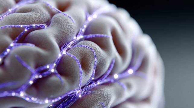 high-quality sci-fi illustration of advanced human brain with glowing implants, holographic data streams, and seamless cybernetic integration