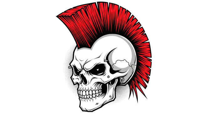 Edgy skull with vibrant red mohawk and piercing details, embodying rebellion and rock and roll spirit for bold designs.