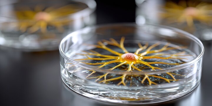 neuroscience research, live neuron cell cultures in petri dish with distinct growth patterns under optimized lighting for observation