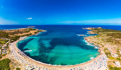 La Marinedda beach from drone in summer, north Sardinia, Europe