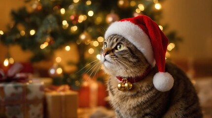 Obraz premium Cute tabby cat wearing a Santa hat and jingle bells sitting near a glowing Christmas tree with warm bokeh Cozy holiday pet