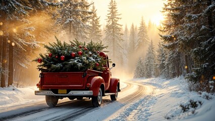 Vintage red pickup truck carrying a decorated Christmas tree with ornaments along a snowy forest road at golden sunset Nostalgic winter holiday