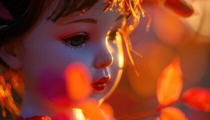 A  photograph shows a doll's face illuminated by soft, warm light.