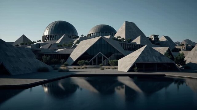 Futuristic Architecture Modern Geometric Building with Reflecting Pool