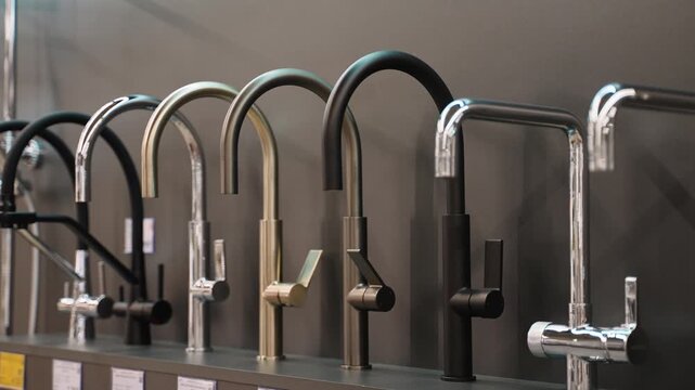 Various modern kitchen faucets on display