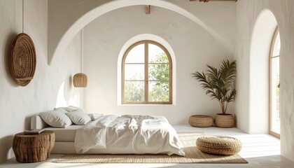 Comfortable bedroom interior design features natural light flooding through arched windows, illuminating the neutral tones and cozy textures.