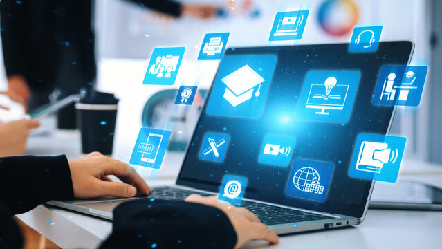 Online education icons show e-learning, online education classes, and digital study. Online education enables global online education access, flexible learning. Gist