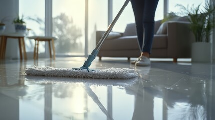A sparkling clean floor with a modern mop in this bright, sunlit home, perfect for showcasing cleaning product effectiveness